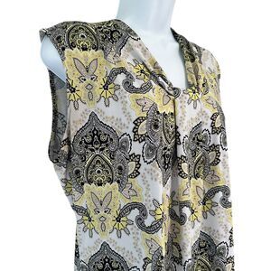 Dana Buchman Paisley Yellow Black White V Neck Sleeveless Shell Top Size L